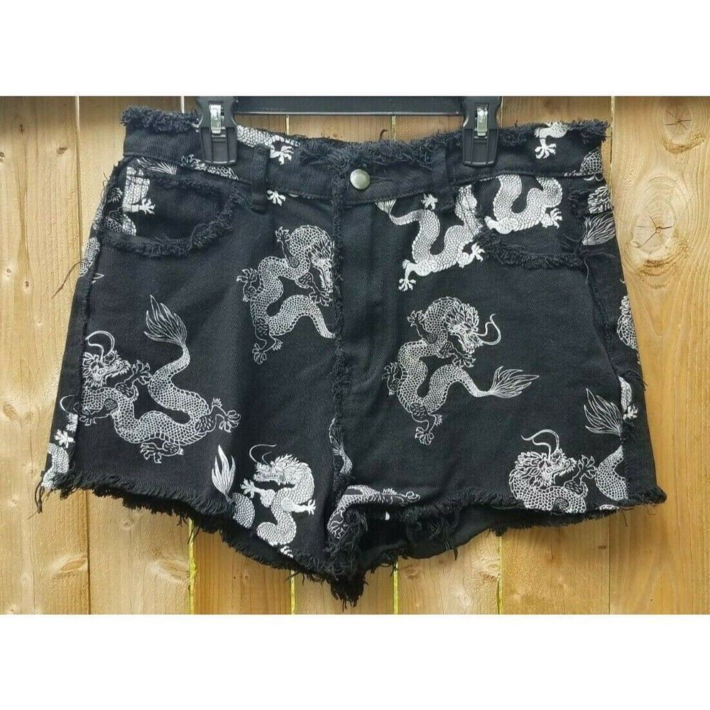 Women's Denim Shorts Size L by Shein Black w/White Dragon Print Frayed